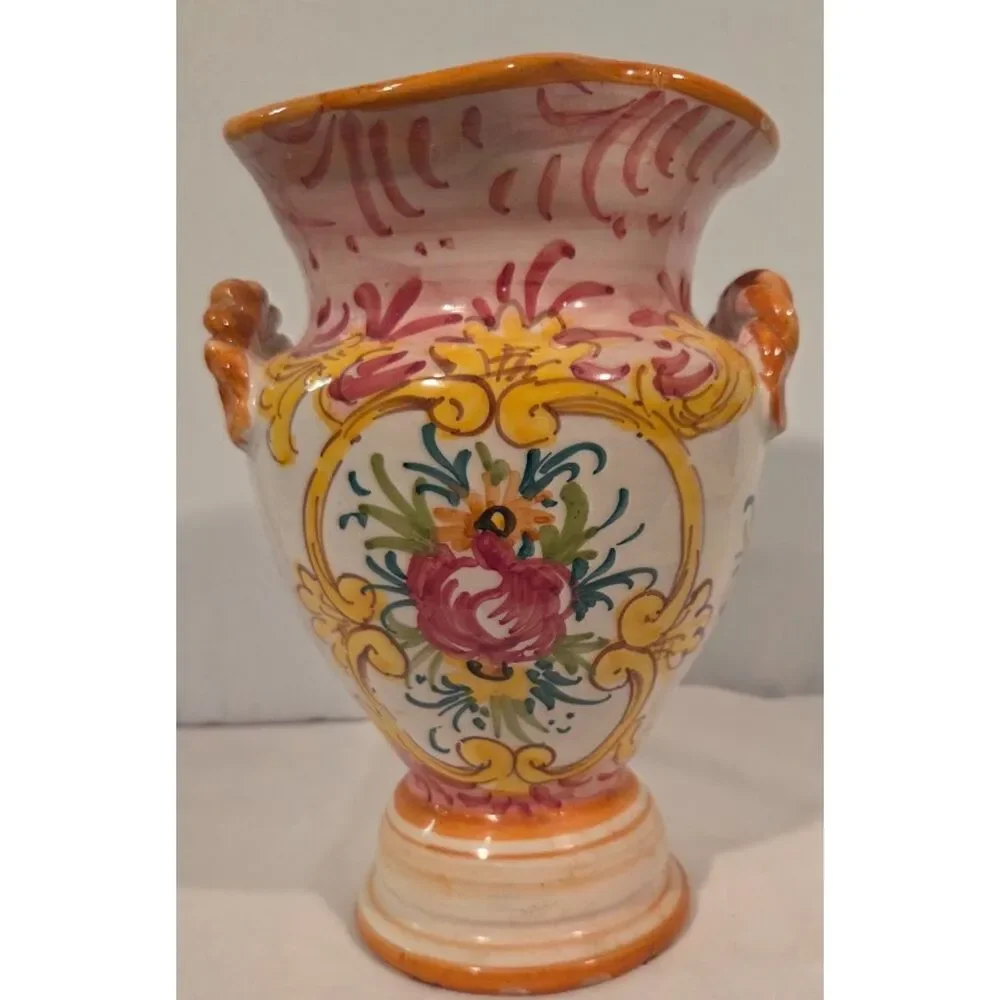 Vintage Italian Hand Painted Majolica Vase Floral Italy 18 cm